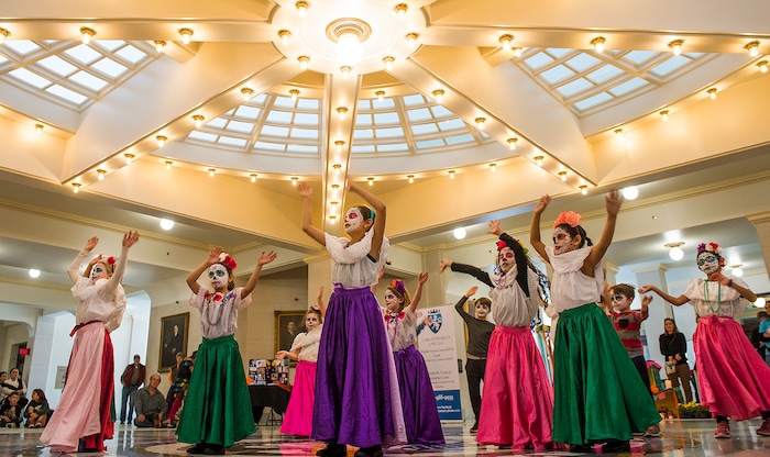 (Leah Hogsten | The Salt Lake Tribune) The Arte Primero dancers perform the Bones Dance as part of the Day of the Dead festival Saturday, October 21, 2017 at the Capitol.