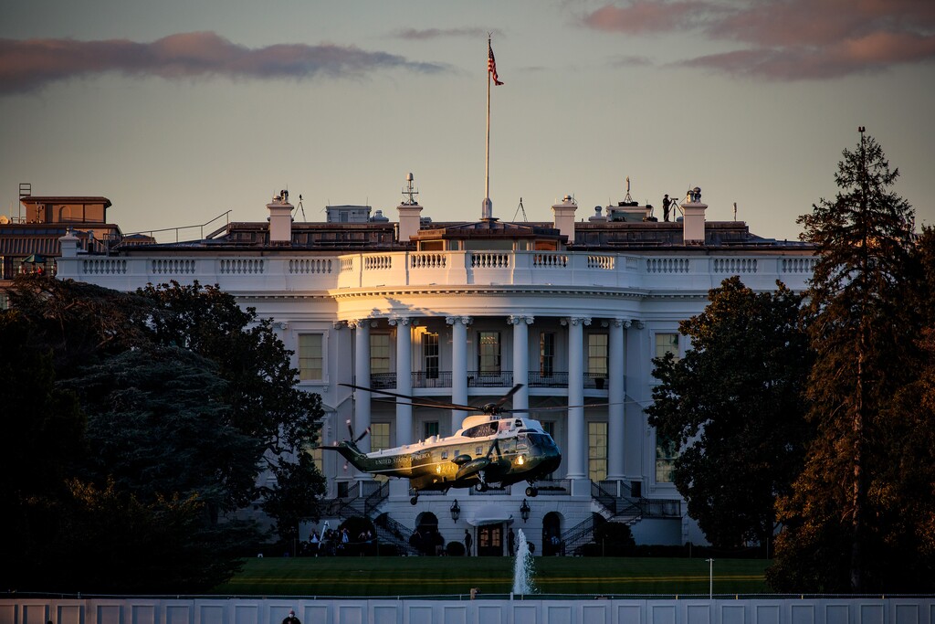 (Damon Winter/The New York Times)
President Donald Trump departs the White House in Washington, aboard Marine One on Friday, Oct. 2, 2020, en route to Walter Reed National Military Medical Center in Bethesda, Md., where he will be treated for the coronavirus. "In a moment that feels biblical, the implacable virus has come to the president's door," writes New York Times opinion columnist Maureen Dowd.