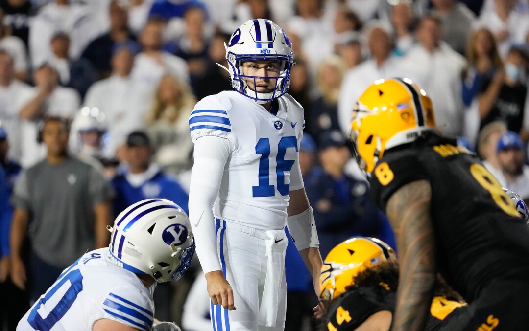 (Francisco Kjolseth | The Salt Lake Tribune) Brigham Young Cougars quarterback Baylor Romney (16) takes over in the final minutes of the game after quarterback Jaren Hall (3) was injured during play against the Arizona State Sun Devils at LaVell Edwards Stadium in Provo, on Saturday, Sept. 18, 2021.