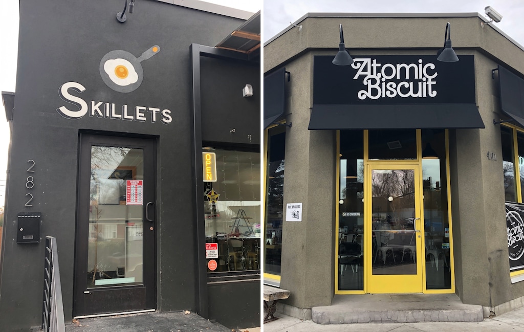 (Kolbie Peterson | The Salt Lake Tribune) The main entrances of Skillets and Atomic Biscuit are shown in this composite photo on Tuesday, Feb. 4, 2025.