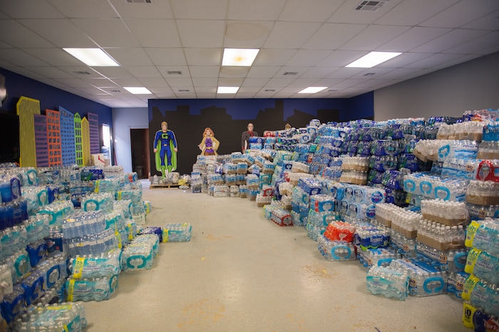 (Rachel Molenda  |  The Salt Lake Tribune)  A portion of the water stockpile at Gateway Church in Lumberton, Texas, on Tuesday, Sept. 7, 2017. The church has set up distribution for residents affected by flooding from Hurricane Harvey.