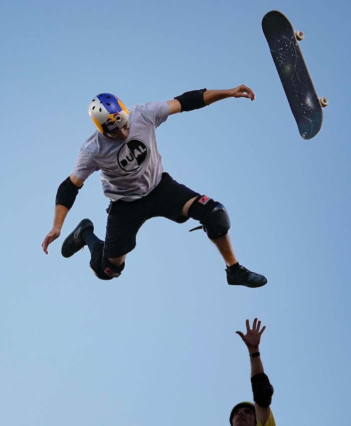(Francisco Kjolseth | The Salt Lake Tribune) Professional skater Sandro Diaz goes for big air and loses his deck during the “Legends Demo” at the Tony Hawk Vert Alert big-air skateboarding competition at the Utah Sate Fairpark on Friday, Aug. 26, 2022. 