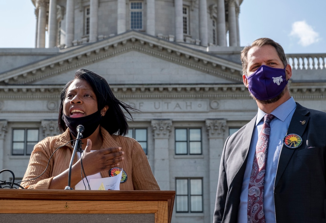 (Leah Hogsten  |  The Salt Lake Tribune)  "This is about righting a wrong," said Rep. Sandra Hollins, D-Salt Lake City, who persuaded lawmakers to unanimously approve putting Amendment C on the ballot along with Senate sponsor Sen. Jake Andergg, R-Lehi, right. The Utah Coalition to Abolish Slavery kicked off its campaign for Amendment C to remove old wording in the state constitution that they say still allows slavery as a punishment for crime.Utah Coalition to Abolish Slavery will formally kick off its campaign for Amendment C. Public officials, religious leaders, and historians will speak to the significance of removing slavery and involuntary servitude from the Utah Constitution.