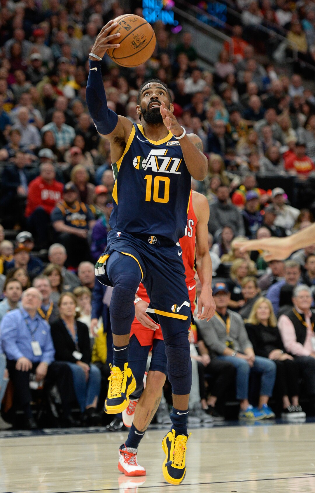 (Francisco Kjolseth  |  The Salt Lake Tribune)  Utah Jazz guard Mike Conley (10) lays one up as the Utah Jazz host the New Orleans Pelicans in their NBA basketball game at Vivint Smart Home Arena in Salt Lake City on Sat. Nov. 23, 2019.