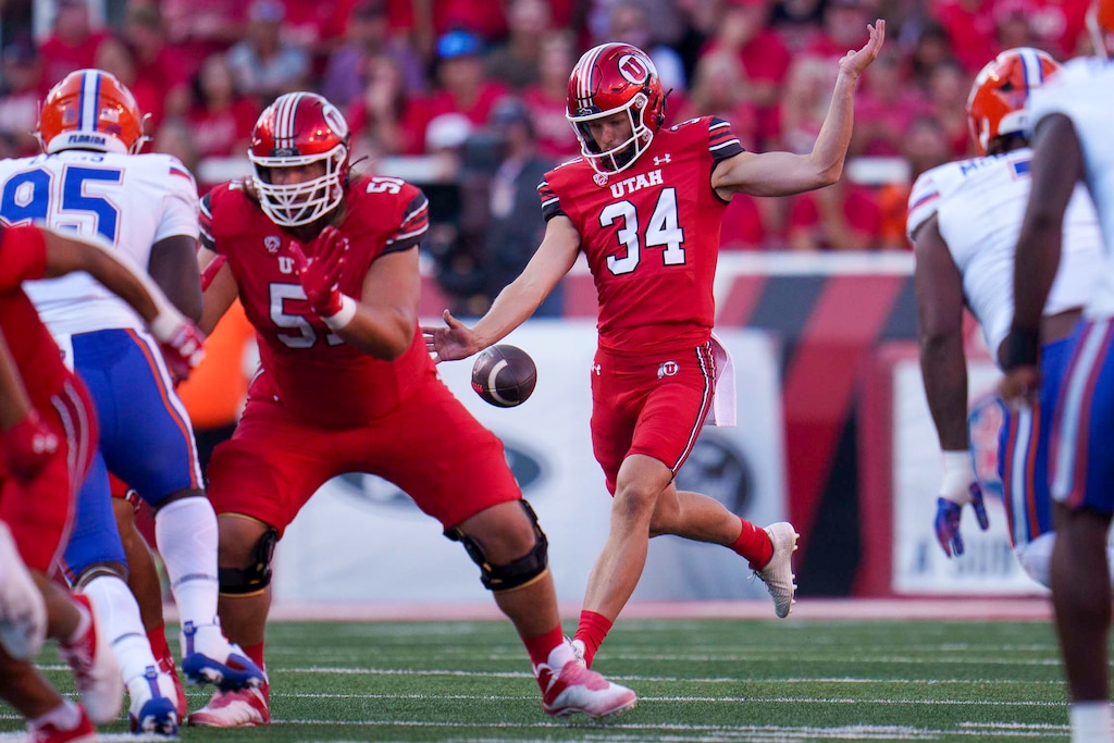 (Trent Nelson  |  The Salt Lake Tribune) Utah Utes punter Jack Bouwmeester (34) as the Utah Utes host the Florida Gators, NCAA football in Salt Lake City on Thursday, Aug. 31, 2023.
