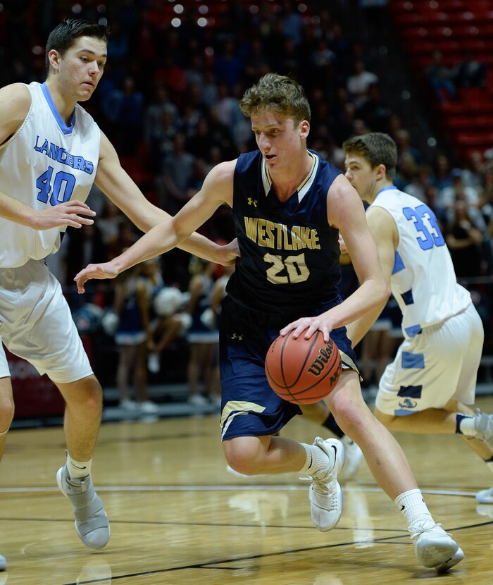 (Francisco Kjolseth  |  The Salt Lake Tribune)  Westlake vs Layton, 6A State high school basketball tournament at the Huntsman Center in Salt Lake City, Thursday March 1, 2018. Collin Jeppson (40), Cooper Mattson (20).