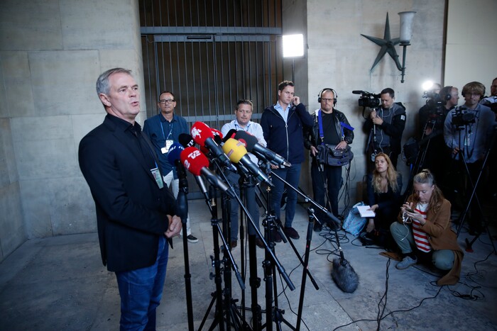 Copenhagen police homicide chief Jens Moeller speaks in a press conference in Copenhagen Wednesday, Aug. 23, 2017.  Danish police said Wednesday that a DNA test from a headless torso found in the Baltic Sea matches with missing Swedish journalist Kim Wall, who is believed to have died on an amateur-built submarine that sank. (Jens Dresling/Ritzau Foto via AP)