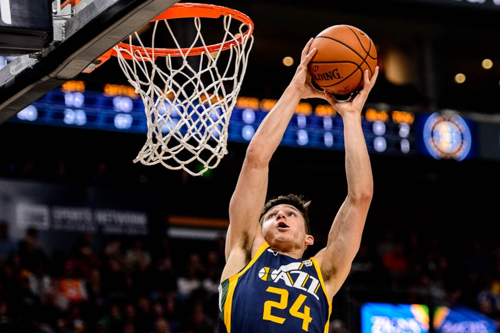 (Trent Nelson | The Salt Lake Tribune)  Utah Jazz guard Grayson Allen (24) dunks. Utah Jazz vs Memphis Grizzlies, NBA basketball in Salt Lake City on Friday Nov. 2, 2018.