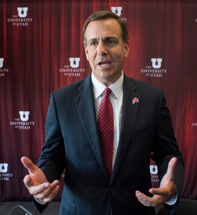 (Rick Egan  |  The Salt Lake Tribune)   University of Utah's new Athletic Direct, Mark Harlan, talks to reporters after a news conference at the Rice-Eccles Stadium,  Monday, June 4, 2018.