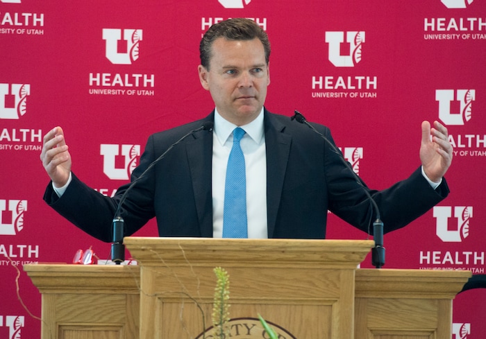 (Rick Egan  |  The Salt Lake Tribune)    Peter Huntsman talks about the six new Jon M. Huntsman Presidential Chairs, funded by the Huntsman Family Foundation, during a ceremony at the Alumni House, Tuesday, June 19, 2018.


