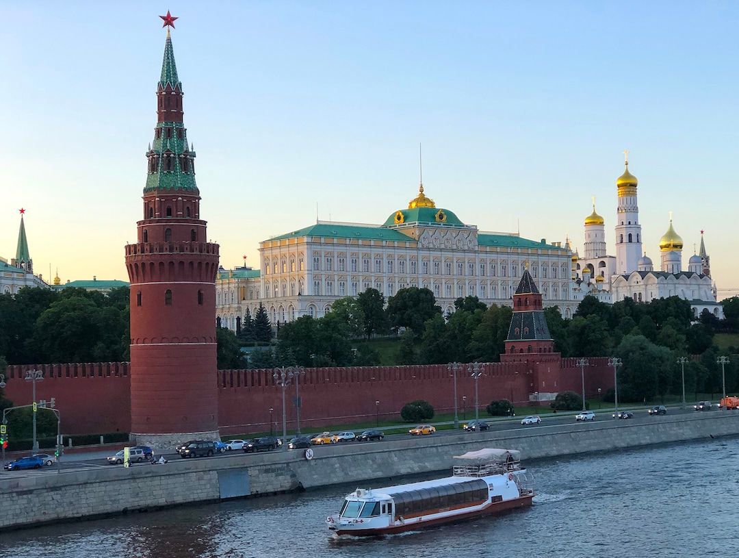 (Michael Stack  |  Special to The Salt Lake Tribune) The Presidential Palace and the Annunciation Cathedral stand side by side within the walls of the Kremlin on the Moskva River.