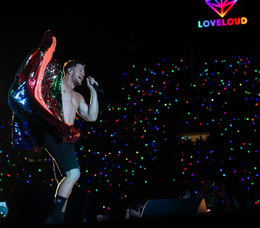 (Rick Egan  |  The Salt Lake Tribune)     Founder Dan Reynolds performs with Imagine Dragons, at the Loveloud Festival at Rice-Eccles Stadium, Saturday, July 28, 2018.