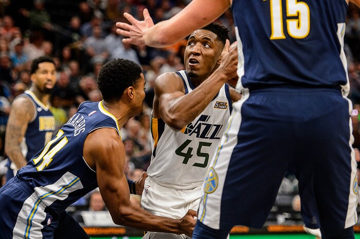 (Trent Nelson | The Salt Lake Tribune)  Utah Jazz guard Donovan Mitchell (45) as the Utah Jazz host the Denver Nuggets, NBA basketball in Salt Lake City, Wednesday October 18, 2017.