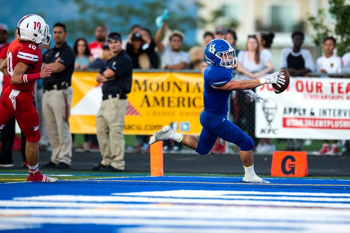 (Chris Detrick  |  The Salt Lake Tribune)  Bingham's Braedon Wissler (1) scores a touchdown during the game at Bingham High School Friday, August 25, 2017. Bingham is winning the game 24-17 at halftime. 