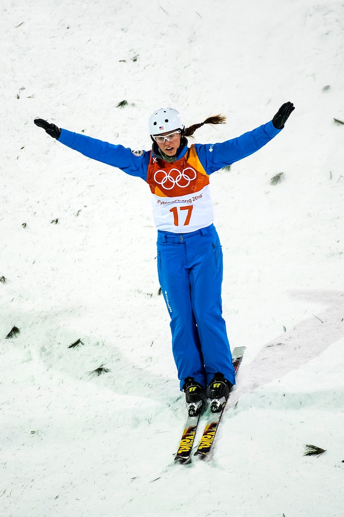 (Chris Detrick  |  The Salt Lake Tribune)  USA's Madison Olsen competes during the Ladies' Aerials Qualification at Phoenix Park during the Pyeongchang 2018 Winter Olympics Thursday, Feb. 15, 2018. Olsen's highest score was 87.88, advancing to the finals. 