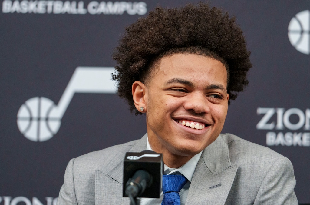 (Leah Hogsten | The Salt Lake Tribune) Keyonte George, the No. 16 Utah Jazz NBA draft pick, addresses members of the media at the Utah Jazz Basketball Center, June 26, 2023. 