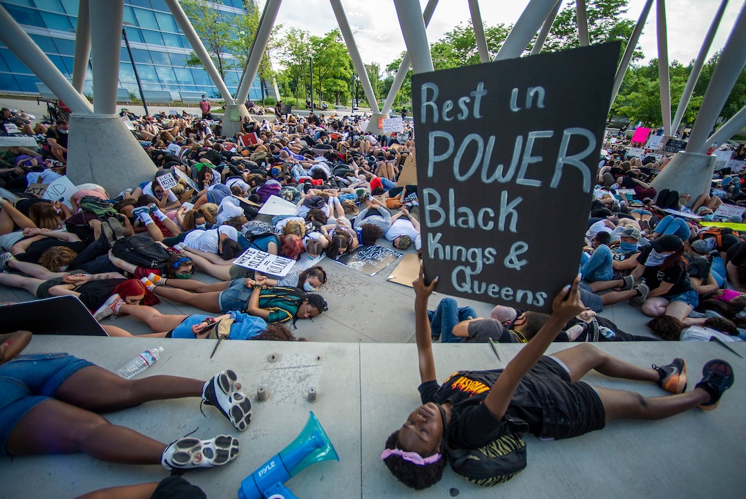 (Rick Egan  |  The Salt Lake Tribune)     Protestors lie down for 9 minutes in memory of George Floyd, during a demonstration at the Public Safety Building, Wednesday, June 3, 2020.