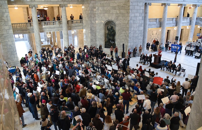 (Francisco Kjolseth  |  The Salt Lake Tribune)  Over 300 demonstrators fill the Capitol rotunda on Monday, Jan, 28, 2019, on the first day of the Legislative session to rally in support of protecting Proposition 3, the Medicaid Expansion law recently passed by voters.
