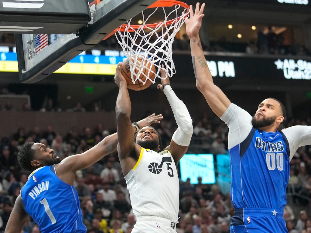 (Leah Hogsten | The Salt Lake Tribune) Utah Jazz guard Malik Beasley (5) is pressured by Dallas Mavericks guard Theo Pinson (1) and Dallas Mavericks center JaVale McGee (00) as the Utah Jazz host the Dallas Mavericks at Vivint Arena Monday, February 6, 2023.