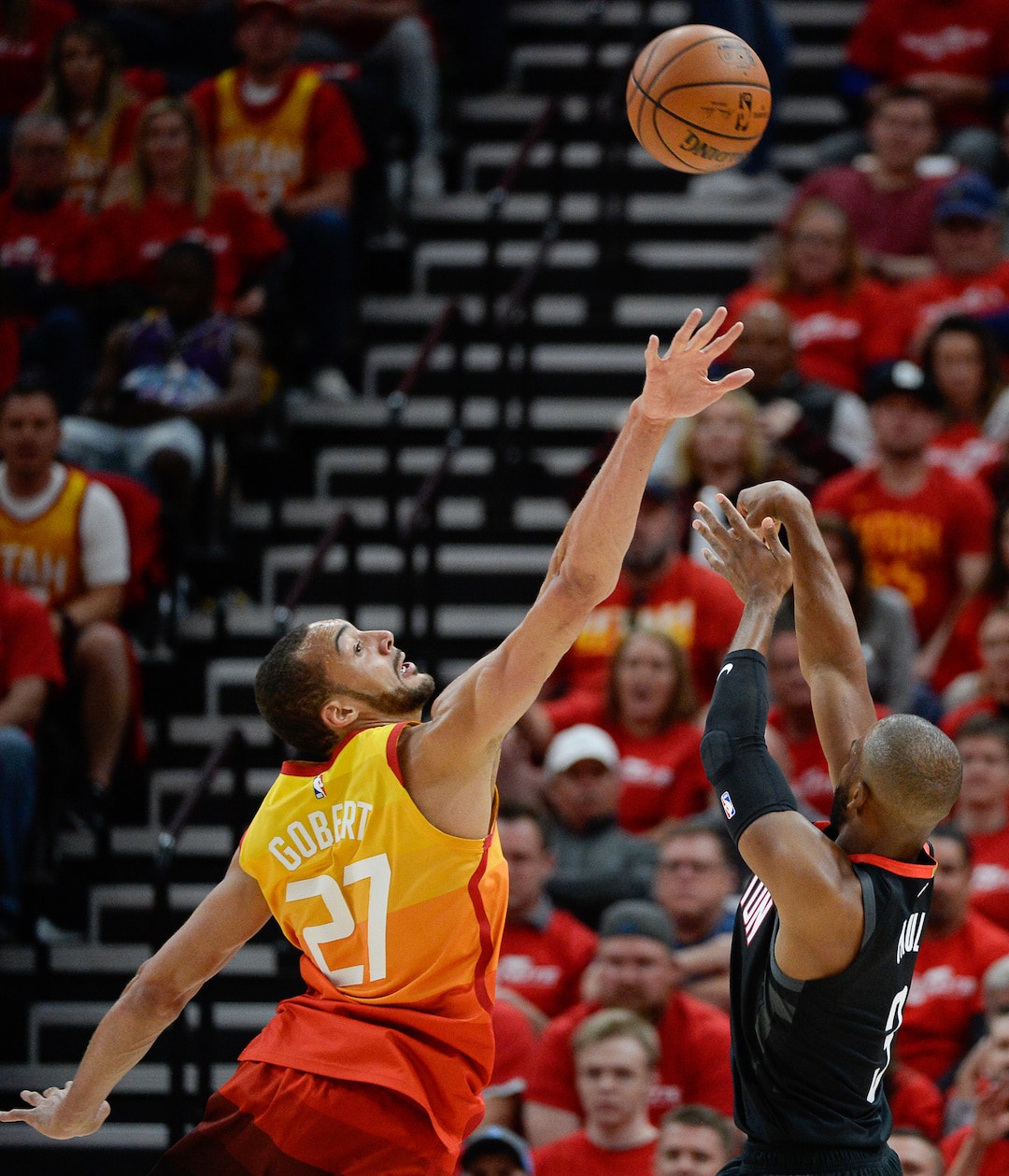 (Francisco Kjolseth  |  The Salt Lake Tribune)  Utah Jazz center Rudy Gobert (27) tries to block Houston Rockets guard Chris Paul (3) in Game 3 of a first-round NBA basketball playoff series in Salt Lake City, Saturday, April 20, 2019.