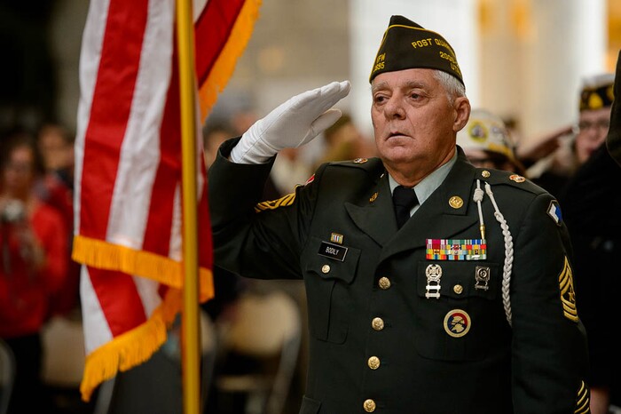 (Trent Nelson | The Salt Lake Tribune)  
Sid Bodily, a Vietnam veteran, salutes the flag. Commemoration of WW1 Armistice 100th Anniversary, in Salt Lake City on Thursday Nov. 8, 2018.