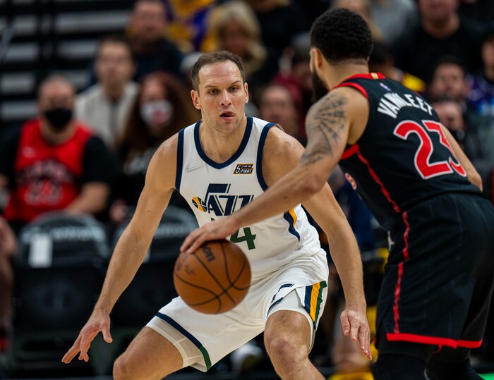 (Rick Egan | The Salt Lake Tribune)Utah Jazz forward Bojan Bogdanovic (44) plays defense against Toronto Raptors guard Fred VanVleet (23), in NBA action between Utah Jazz and Toronto Raptors, at Vivint Arena, in Salt Lake City, on  Thursday, Nov. 18, 2021.