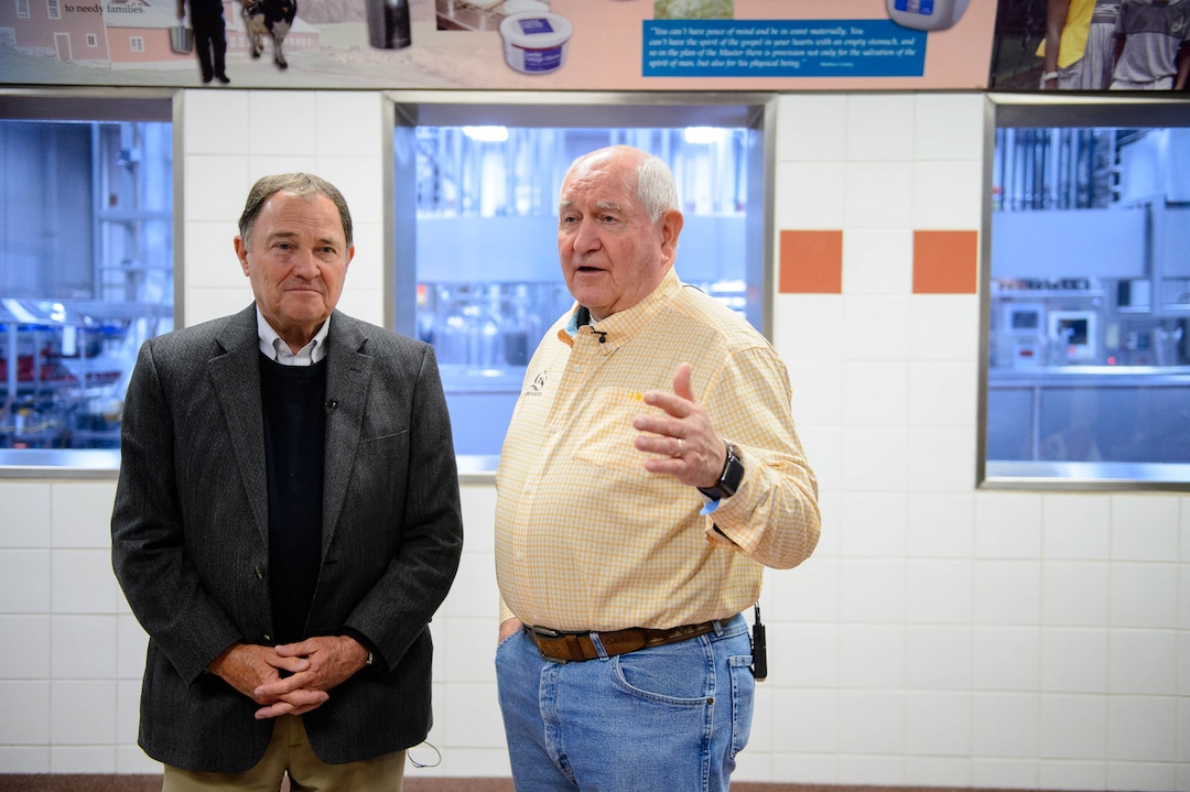 (Trent Nelson  |  The Salt Lake Tribune)  Gov. Gary Herbert and Agriculture Secretary Sonny Perdue on a tour of Welfare Square in Salt Lake City on Wednesday May 22, 2019.