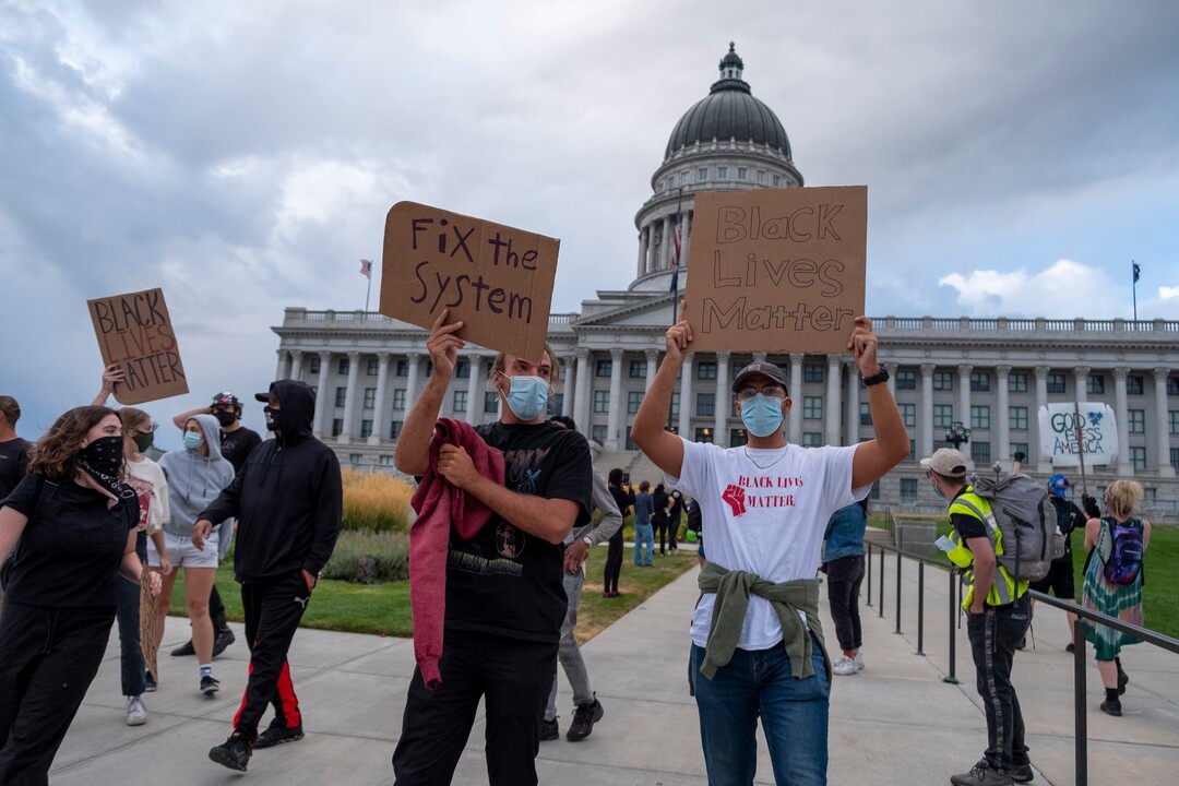 (Leah Hogsten  |  The Salt Lake Tribune) Black Lives Matter supporters and Salt Lake Equal Rights Movement members march from the Capitol to Washington Square on Monday, August 31, 2020 calling for justice for Jacob Blake who was shot in the back by police in Kenosha, Wisconsin on August 23rd.