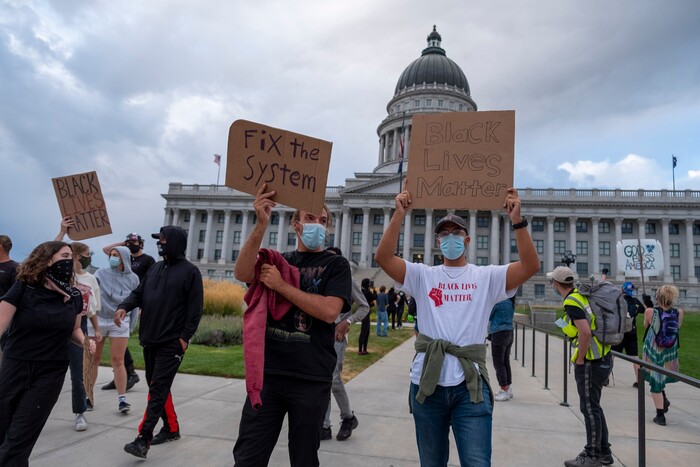 (Leah Hogsten | The Salt Lake Tribune) Black Lives Matter supporters and Salt Lake Equal Rights Movement members march from the Capitol to Washington Square on Monday, August 31, 2020 calling for justice for Jacob Blake who was shot in the back by police in Kenosha, Wisconsin on August 23rd.