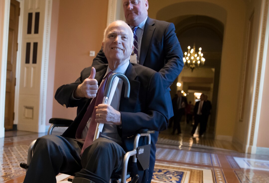 FILE - In this Dec. 1, 2017 file photo, Sen. John McCain, R-Ariz., leaves a closed-door session on Capitol Hill in Washington. A possible U.S. Senate vacancy in Arizona would be temporarily filled by a Republican appointee in the event of the death of Sen. John McCain, who is battling cancer, but it's unclear whether an election would be held in November or 2020. Arizona law requires the governor to appoint someone of the same political party if there is a vacancy. The seat will then be on the ballot for the next general election, but there's conflicting views on whether that means this fall or in 2020. (AP Photo/J. Scott Applewhite, File)