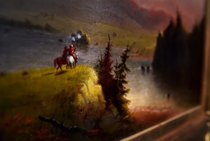 (Scott Sommerdorf | The Salt Lake Tribune)
A detail from Alfred Jacob Miller's 1864 painting "Trappers Saluting the Wind River Mountains, or Trappers Saluting the Rocky Mountains" showing brush strokes and the texture of the canvas is part of the Utah Museum of Fine Art's new special exhibit of the touring show "Go West!" - Art of the American Frontier from the Buffalo Bill Center of the West, Wednesday, November 29, 2017.
The exhibit opens to the public on Sunday, Dec 3.