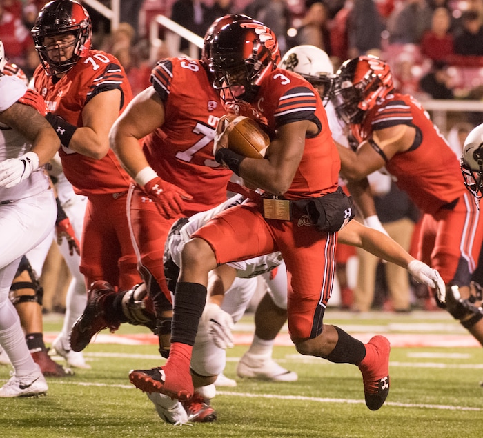 Utah Utes quarterback Troy Williams (3) stops just short of a touchdown with just seconds left in the game, as Utah defeated  Colorado 34-13, in PAC-12 football action at Rice-Eccles stadium, Saturday, November 25, 2017.