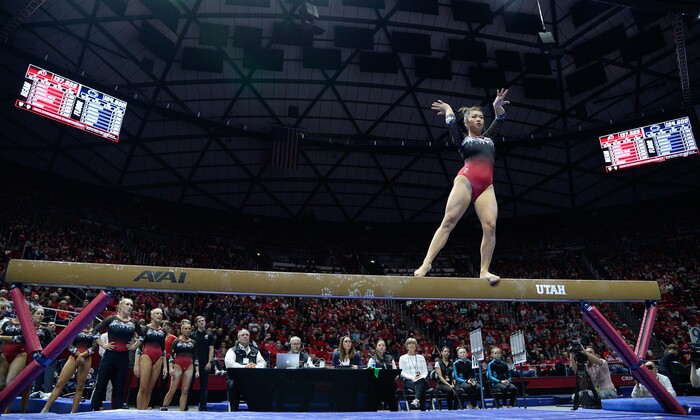 (Francisco Kjolseth  |  The Salt Lake Tribune)  Kari Lee performs on the balance beam as Utah hosts Penn State in their season opener at the Huntsman Center in Salt Lake City on Saturday, Jan. 5, 2019.
