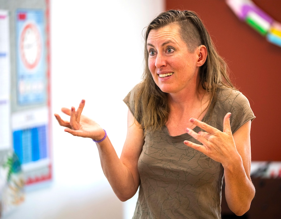 (Rick Egan | The Salt Lake Tribune) Cindy McAllister talks to a class about sign language and music, at the the Sorenson Multi-Cultural Center, on Tuesday, June 13, 2023.