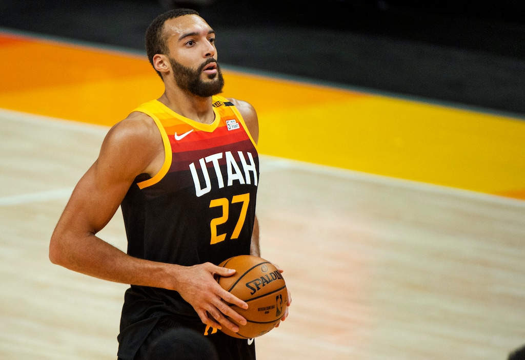 (Rick Egan | The Salt Lake Tribune) Utah Jazz center Rudy Gobert (27) pauses before shooting a free throw, in NBA action between the Utah Jazz and the Atlanta Hawks at Vivint Arena, on Friday, Jan. 15, 2021.  