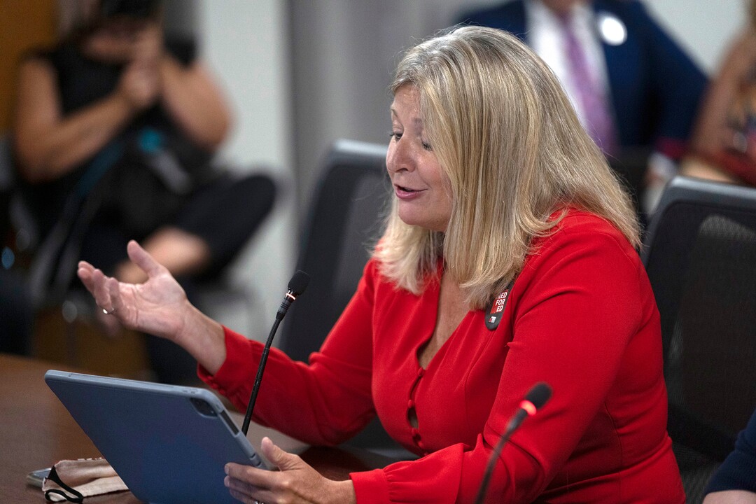 (Rick Egan | The Salt Lake Tribune)   Heidi Mathews, President of the Utah Education Association, speaks, during a public hearing on the Utah State Board's recent rules for teaching  about racism in the K-12 classroom at the State Board of Education in Salt Lake City, on Thursday, July 22, 2021.