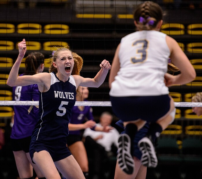 (Trent Nelson | The Salt Lake Tribune) Enterprise's Ronnie Robinson celebrates a point as Enterprise faces North Summit in the 2A State Volleyball Championship game in Orem, Saturday October 28, 2017.