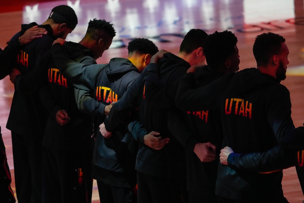 (Francisco Kjolseth | The Salt Lake Tribune) The Utah Jazz come together at the start of their game against the Portland Trail Blazers, at Vivint Smart Home Arena, on Wednesday, May 12, 2021.