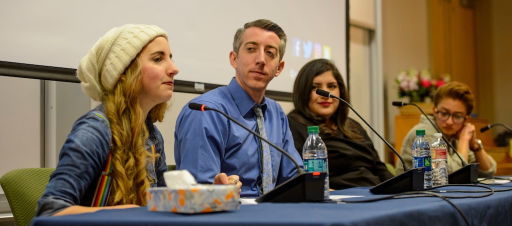 (Steve Griffin  |  The Salt Lake Tribune)  Panel members Kaitlynn, Ben, Sarah and Gabriel speak during an LGBTQ and SSA student forum at BYU in Provo, Thursday, March 15, 2018.