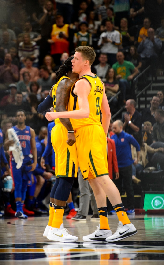 (Steve Griffin  |  The Salt Lake Tribune)  Utah Jazz forward Jonas Jerebko (8) and Utah Jazz forward Jae Crowder (99) pump chests at mid court as the Jazz build a big lead during the Utah Jazz versus Detroit Pistons at Vivint Smart Home Arena in Salt Lake City Tuesday March 13, 2018.