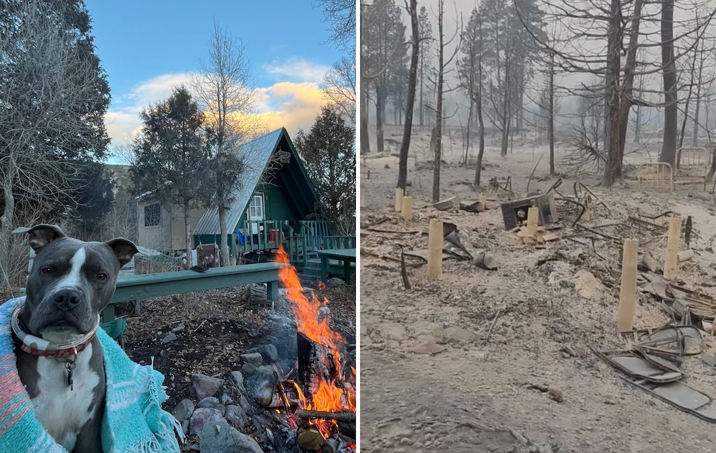 (Hillary McDaniel and Andy Anderson) Michelle Thorley's family cabin near Junction, Utah, is pictured before and after the Cottonwood Fire swept through the property on Tuesday, June 23, 2026. The cabin, built by her great-grandfather, had stood for four generations.