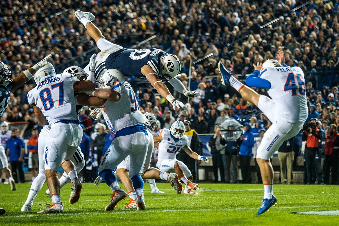 (Chris Detrick  |  The Salt Lake Tribune)  Brigham Young Cougars defensive lineman Corbin Kaufusi (90) attempts to block a punt by Boise State Broncos place kicker Joel Velazquez (46) during the game LaVell Edwards Stadium Friday, October 6, 2017. 