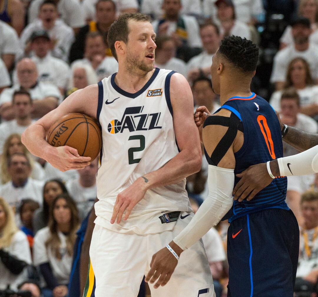 (Rick Egan  |  The Salt Lake Tribune)  Utah Jazz forward Joe Ingles (2) gets mixed up with Oklahoma City Thunder guard Russell Westbrook (0), in game 4, NBA playoff action between Utah Jazz and Oklahoma City Thunder, in Salt Lake City, Monday April 23, 2018.
