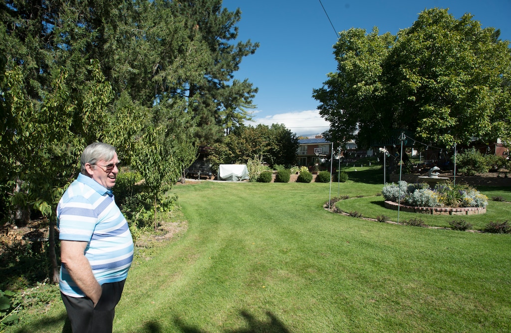 (Rick Egan  |  The Salt Lake Tribune)  Walt Nicholes  talks about his backyard in Orem. Nicholes sent a letter to the Orem City Council advising them he plans to stop watering his 3/4 acre lawn and garden and let it die because he can no longer afford to water it. Thursday, September 21, 2017.
