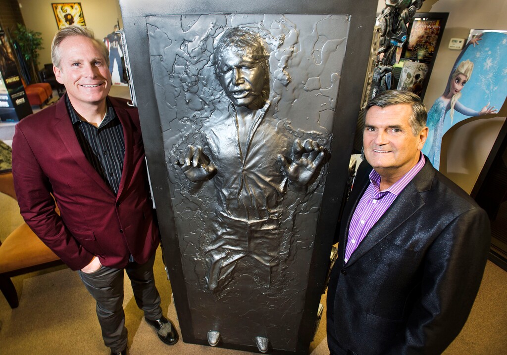 ( Steve Griffin  |  The Salt Lake Tribune ) Salt Lake Comic Con co-founders Dan Farr and Bryan Brandenburg with a replica of Han Solo sealed in carbonite in their South Salt Lake office Friday, September 18, 2015.