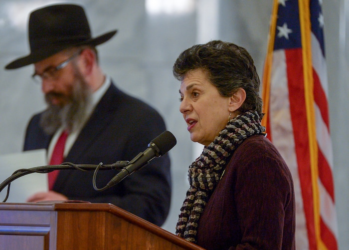 Leah Hogsten  |  The Salt Lake Tribune  Rep. Patrice Arent, D-Millcreek, talks about the meaning of The Festival of Lights at Chabad Lubavitch of Utah's 12th annual Hanukkah celebration at the Utah Capitol, Dec. 2, 2018.
