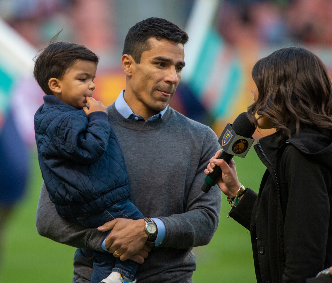 (Rick Egan  |  The Salt Lake Tribune)   Tony Beltran holds his son Kaito as he is honored at half time of the match between Real Salt Lake and Houston Dynamo  at Rio Tinto Stadium, Sunday, Sept. 29, 2019.