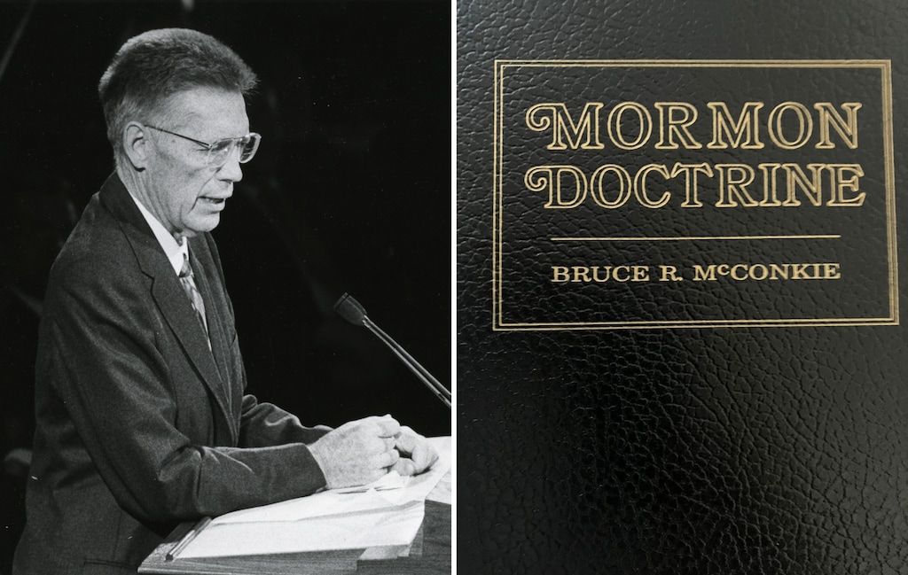 (The Salt Lake Tribune) Latter-day Saint apostle Bruce R. McConkie delivers his final General Conference sermon, left, and his controversial book, "Mormon Doctrine."