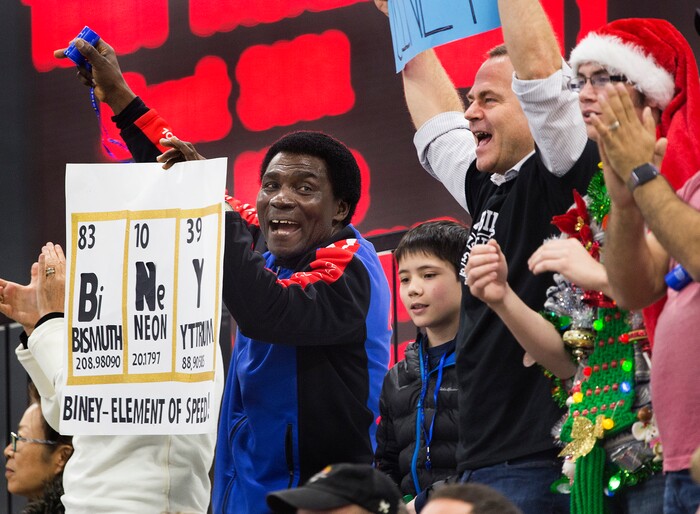 (Scott Sommerdorf   |  The Salt Lake Tribune)   
Kweku Biney, father of Maame Biney, cheers for her as she is introduced prior to her 1000 meter finals race during day 3 of the U.S. short-track Olympic Team Trials at the Utah Olympic Oval, Sunday, December 17, 2017. Biney made the US Olympic team.
