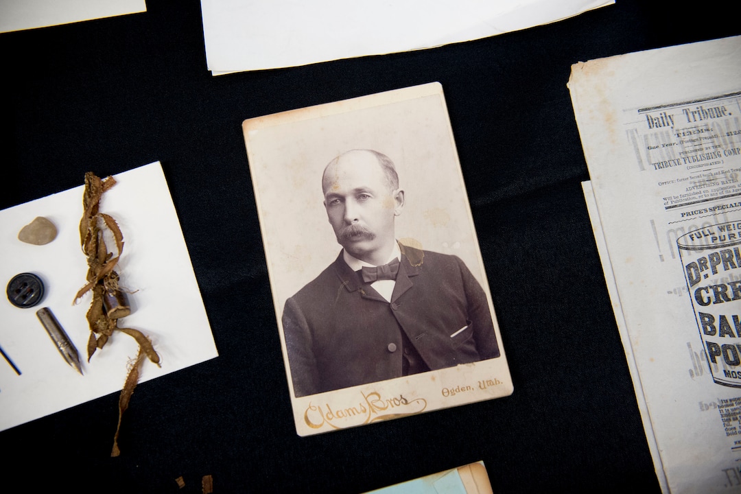 (Jeremy Harmon  |  The Salt Lake Tribune) This portrait of Professor H.W. Ring., who lead the Ogden Academy when it opened in 1887, and other items were found in a time capsule that was buried in the corner stone of the school when it was being built. Items from the time capsule were displayed at the Utah State Archives on Wednesday, Oct. 16, 2019.